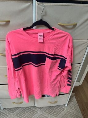 PINK Victoria's Secret Neon Pink Long Sleeve Tee with Navy Stripes